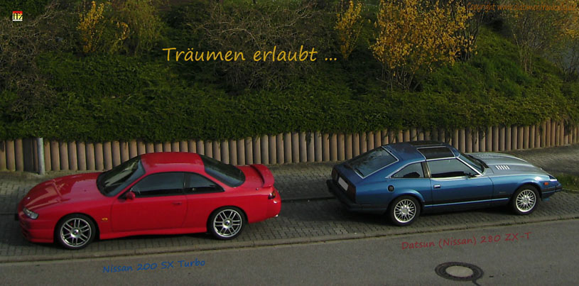 Und hier noch ein anderes "Familienfoto". 2x Nissan in der Abendsonne. Kinder der 1990er und 1970er Jahre. Br�der sind sie nicht, die beiden. Eher sowas wie Neffe und Onkel aus Amerika. Und Pers�nlichkeiten durchaus ... Schaue ich mir an, welche trostlosen Kisten die Meinungsmacher der Automobilindustrie der breiten Masse von Menschen heute als moderne Autos aufs Auge dr�cken, mit Schei� an Bord, den Leute mit R�ckgrat nicht mal in der Wohnung vermissen, dann beschleicht mich zuerst das kalte Grauen. Und das schl�gt dann um in einen gewaltigen Zorn ! Leute, wehrt Euch, lasst Euch nicht alles gefallen !